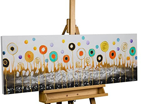 KunstLoft Leinwandbild | 100% HANDGEMALT | 120x40cm | Gemälde 'Aerial Flowers' | Abstrakt | Bunt Gold | Wandbild Wohnzimmer