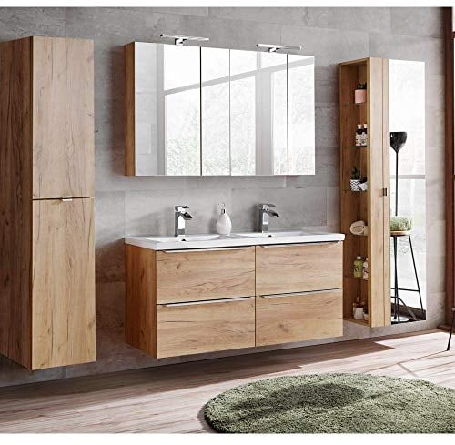 Lomadox Komplett Badmöbel Set mit Doppel-Waschtisch inkl. Doppel-Keramikbecken 120cm, Wotaneiche & Hochglanz weiß, inkl. LED-Spiegelschrank