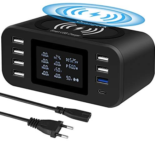 Orangeck Multi USB Ladestation, Ladegerät Mehrere Geräte mit LED Bildschirm Wireless Schnell Charger 10W Induktives Ladegerät 8 Port mit QC3.0 USB Charging Station für iPhone Samung Handy und Tablet