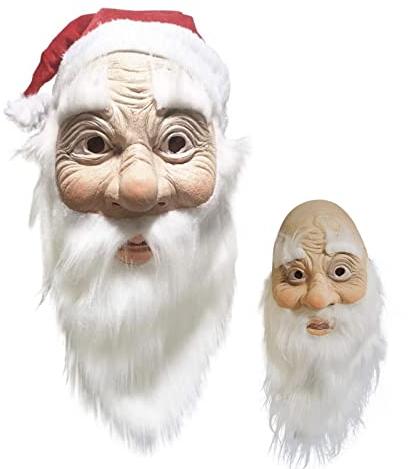 SOUTHSKY Santa Claus Maske Weihnachtsmann Nikolaus mit Glatt Weiß Bart, Weißer Augenbrauen,Inklusive Rot Xmas Mütze für Weihnachten,Karneval,Kostüm,Cosplay,Halloween,Party