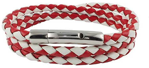 König Design Lederkette Lederband Leder-Armband 6 mm Herren Halskette Rot Weiß 60 cm lang mit Hebeldruck-Verschluss Silber geflochten