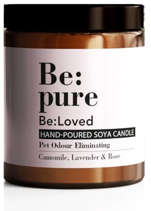 be:pure Natürliche Tiergeruchs-beseitigende Kerze, 100% natürliches farbstofffreies Sojawachs, Kamille, Lavendel & Rose Duft mit einem Holzdocht, ca. 30 Stunden Brenndauer