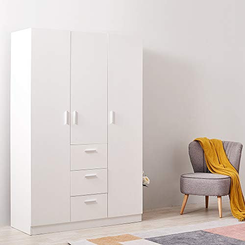 Wooden 3 Doors 3 Drawers Wardrobes with Hanging Rail and Storage Shelves Modern Large Clothes Cupboards Unit for Bedroom Furniture (White)