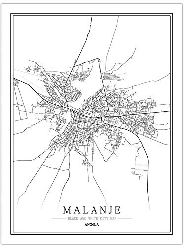 SONG Leinwand Bild, Malanje Angola Stadtplan Malerei Schwarz Weiß Einfach Minimalist Art Wandbild Poster Rahmen Weniger Bild, Moderne Vertikale Malerei Cafe Office Home Decor,70 * 100cm