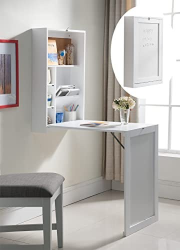 KB Designs - Wall Mounted Fold Out Floating Desk Table with Storage Shelves, White