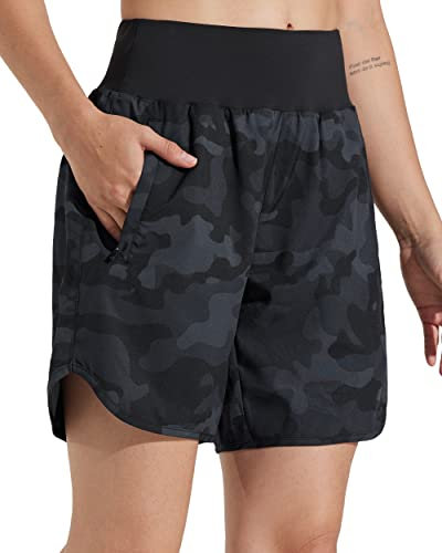 Libin Sporthose Damen Kurz 7'' Sport Shorts Laufhosen Atmungsaktiv mit Liner Sommer Hohe Taille Laufshort Running Jogging Kurze Hose,Camo Schwarz XS