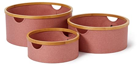 Lumaland Bambus-Rahmen Aufbewahrungsbox 3er Set rund | Boxen in den Maßen ø 45 x 20 cm, ø 38 x 16 cm und ø 30 x 12 cm [Rosa]