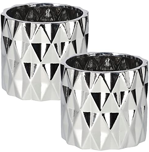 KOTARBAU® 2er Set Keramik Blumentopf Übertopf Glasiert Silber Zylindrische Form