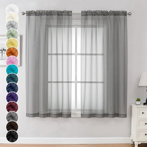 Chyhomenyc Lot de 2 rideaux de fenêtre transparents de 160 cm de long avec passe-tringle pour salon, chambre à coucher, 106 x 160 cm (l x L), gris anthracite