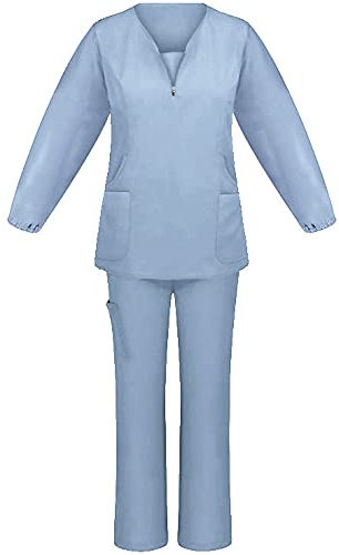 thuthu Kasacks Set Damen Krankenschwester Kostüm Uniform Einfarbig Oberteil Und Hose Atmungsaktive V-Ausschnitt Pflege Kasacks Mit Taschen Langarmshirts Schlupfkasack Und Schlupfhose Set