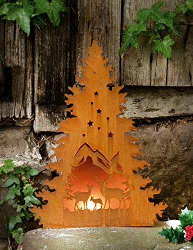 Dekoleidenschaft Tanne Winterwald 50 cm hoch, Winterdeko aus Metall in Rost-Optik, Teelichthalter, Kerzenhalter, Bodenwindlicht, Garten-Deko für Draußen, Metalldeko, Rostdeko