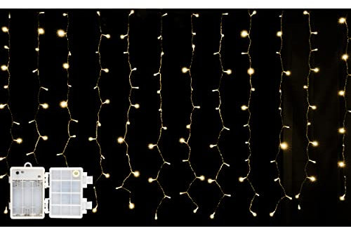 Luz de Cortina Luz Cadena LED Pilas Luces Navidad Exterior Pilas 192 LED 1,6m x 1m Impermeable IP44 con 8 Modos Exterior y Interior Decoración para Habitacion, Bodas, Jardín, Fiesta - Luz Cálida
