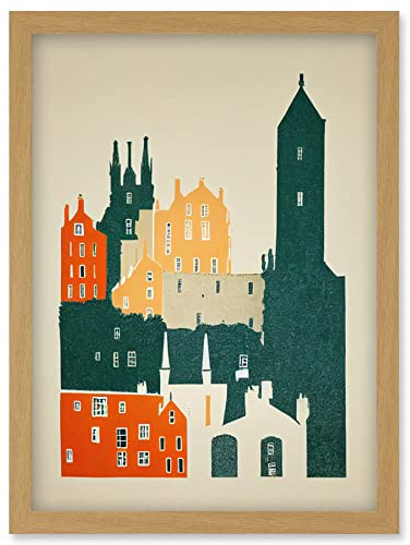 Wee Blue Coo Edinburgh Old Town Retro Street Illustration Artwork Framed Wall Art Print A4
