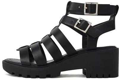 Soda “Rebirth” ~ Women Open Toe Fisherman Multi Strap Buckle Lug Sole Low Block Heeled Sandals (BLACK PU, us_footwear_size_system, adult, women, numeric, medium, numeric_5.5)