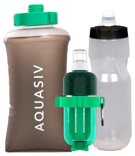 AQUASIV Kit Weekender Filtro dell'acqua da campeggio con filtro HFM e carbone, borsa da spremere e bottiglia, filtro per l'acqua di sopravvivenza personale leggero - Affidabile filtro per l'acqua al
