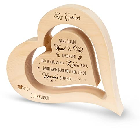 sagl.tirol Herz aus Zirbenholz Mit Schwebendem Innen Herz und Gravur [100% Naturprodukt] Baby Geschenk für Junge und Mädchen I Zur Geburt I Holzherzen