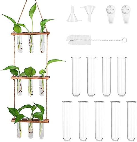 PEALOVCOM Reagenzglasvasen mit Holzstände, 3 Stöckiges Hängende Propagation Station für Blumen Pflanzen Hängepflanze Terrarium als Deko-Accessoires zu Hause oder im Büro-10 Reagenzgläser
