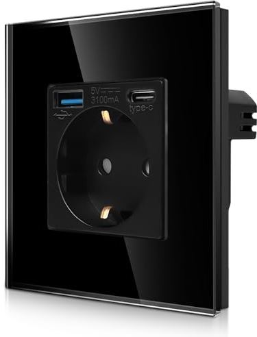 CNBINGO Einzelsteckdose mit 2× USB-Anschluss (20W Schnellladen) - 1× (Typ-C und USB-A) - Einfach Glas Schuko Steckdose Unterputz - Schwarz Wandsteckdose mit Kindersicherung