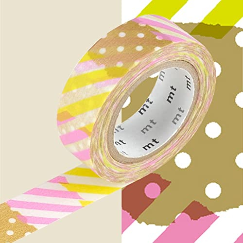 Masking Tape Dekoratives Klebeband mit Punkten und Streifen - Rosa und Gelb - 1,5 cm x 7 m