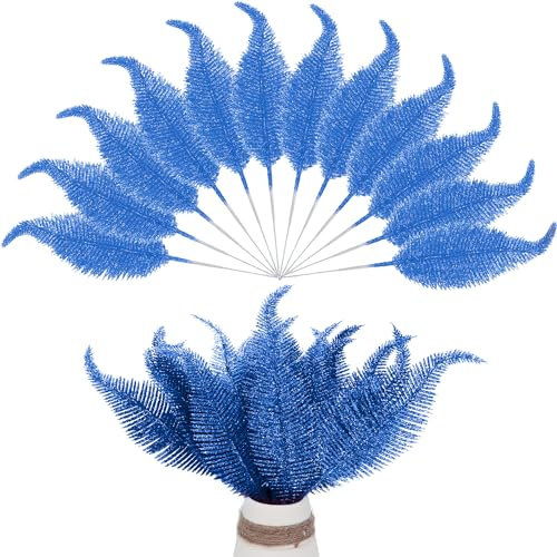 12 Pieces Christmas Tree Feathers Decorations Artificial Glitter Leaves Picks Christmas Giant Baubles Ornament for DIY Accessories Christmas Tree Flower Arrangements Wreath Garland (Royal Blue)
