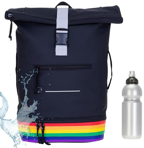 Elephant Rucksack Herren Damen Plane Time Bag COMP Fahrradrucksack Kurierrucksack Roll-Top A4 mit Laptopfach, Bodenfach 12823 + Flasche (Bi Color Rainbow (multi-schwarz))