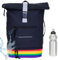 Elephant Rucksack Herren Damen Plane Time Bag COMP Fahrradrucksack Kurierrucksack Roll-Top A4 mit Laptopfach, Bodenfach 12823 + Flasche (Bi Color Rainbow (multi-schwarz))