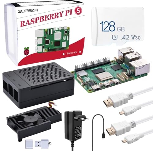 GeeekPi Starter Kit per Raspberry Pi 5 8 GB, con scheda RAM Pi 5 8 GB, scheda SD da 128 GB e lettore di schede, Pi 5 ABS con raffreddamento attivo Armor Lite V5, alimentatore USB C da 27 W, 5,1 V, 5
