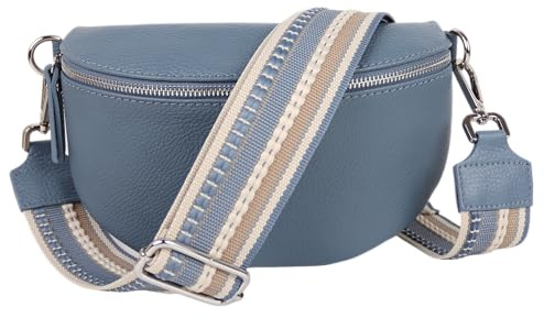 MIRROSI® Bauchtasche Damen, Echtleder, Made in Italy, Umhängetasche, Brusttasche, Crossbody Bag (1 Tasche & 2 Gurte) (Jeansblau (Streifen Jeansblau), Mittelgroße Tasche (25x16x7cm))