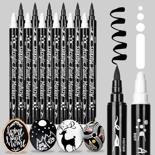 AOSUCO 12 Dual Tip Acrylic Paint Pens for Rock, Wood, Pebbles, Glass, Ceramic, Stones, Fabric, Canvas, Craft - Waterproof Brush Pens, Acrylic Marker Pens Set (Black & White)