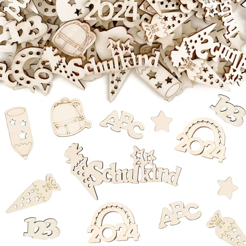 BURGEON 100 Stück Schulkind Konfetti Holz, 2024 Einschulung Deko Junge Mädchen, Schulanfang Konfetti mit 8 Mustern, Streudeko Tischdeko für Schuleinführung, Schulanfang, Einschulung