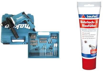 Makita HP1631KX3 Schlagbohrmaschine im Koffer, 710 W + 74tlg. Zubehör, Blau & Baufan 4016215101421 Bohrloch- und Rissfüller Spachtelmasse, weiß