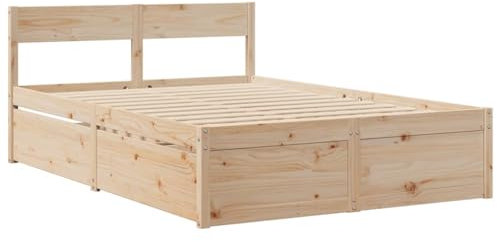 vidaXL Solid Pine Wood Bed Frame with Drawers - Small Double 120x190 cm with Plywood Slats and Headboard - Bedroom Storage Solution