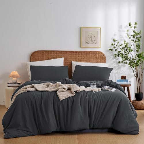 Luofanfei Housse de Couette Coton 200x200 Gris Foncé Ado Adulte Garçon 2 Personnes Uni Parure de Lit Unie en Coton Parure Housse Couette zippée 200 x 200 avec 2 Taies d'oreiller 65x65cm