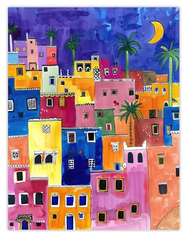 Artery8 Colourful Moroccan Cityscape At Night Watercolour Living Room Extra Large XL Wall Art Poster Print