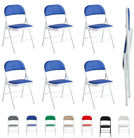 mcc direct Folding Chairs, Faux Leather Foldable Chairs with Metal Frame and Padded Seat, Easy to Fold and Store for Home, Office, Dining and Reception Set of 6 (Blue)