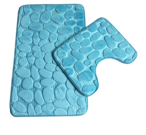 Alfombra absorbente de agua para el suelo, alfombra 3D de piedra de guijarros para inodoro, juego de dos piezas para baño (azul cielo)