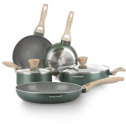 KASANOVA Batteria pentole Cooking Therapy, Set pentole induzione e padelle antiaderenti con paletta, Set cucina completo con scritta al laser e manici effetto legno (7)
