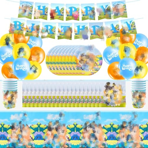 60PCS Cartoon Birthday Party Decorations, Party Supplies Include Party Plates Cups and Napkins Happy Birthday Banners Tablecloth Latex Balloons for Kids Boys Girls