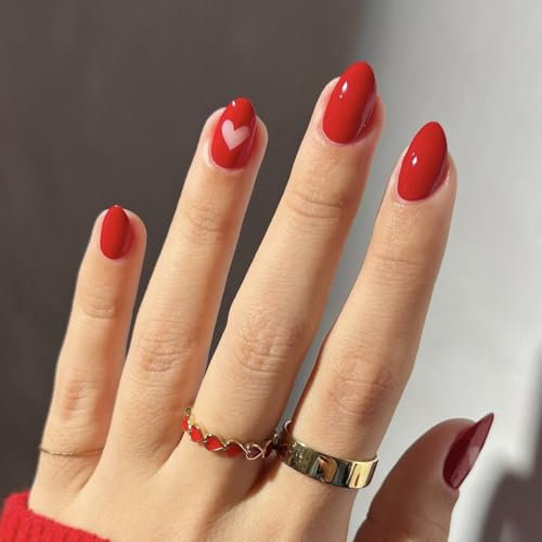 Valentine False Nails Short Almond, SXVE Red Press On Nails With Cute Heart Desgin, Full Cover Acrylic Fake Nails Press ons Valentine Glue On Nails Stick on Nails For Women 24 Pcs