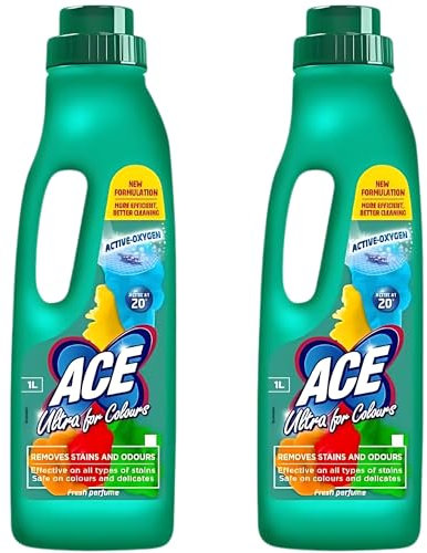 ACE Ultra For Colours Stain Remover For Clothes Pack of 2 (1L Each) - Powerful Laundry Cleaner For Bright, Removes Stains and Odours