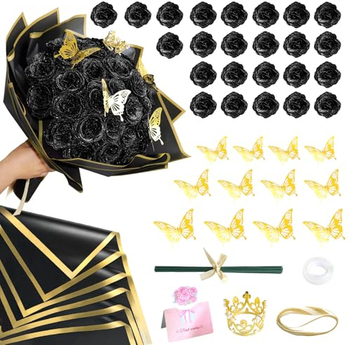CCYXSHOW DIY Glitter Roses Bouquet Black Flowers - 24 Pack Fake Shiny Bouquet with Stems Butterfly Crown Eternal Floral for Halloween Elegance Wedding Bouquets Anniversary Birthday Party Gifts