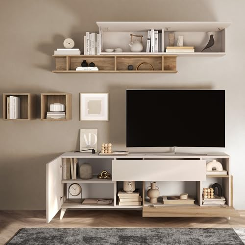 Mobile porta TV 1 anta, 1 cassetto, 1 ribalta e 2 vani Linea MONACO L 181 x H 67 x P 42, realizzato in legno 100% MADE IN ITALY, design moderno per cucina, sala da pranzo, soggiorno (Cashmere/Rovere)