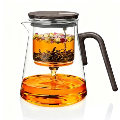 ZENS Magnetische Teekanne, verzauberte Glas-Teekanne mit Teesieb und magnetischem Saugdeckel für schmutzfreie lose Tee-Diffusoren, schwarzer Walnussmuster-Griff, Teeliebhaber-Geschenke