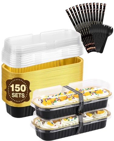 NEEBAKE 150 Pack 6.8 oz Disposable Mini Loaf Pans with Lids and Spoons - 6.5x2.5x1.2 Black Gold Aluminum Loaf Pans, Small Aluminum Tin Foil Baking Pan, Food Containers for Cakes, Bread, Loaves