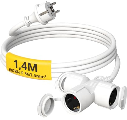 HUARUI Verlängerungskabel Outdoor 1,4m mit 3 Schuko-Steckdosen, Gummi Verlängerung 3500W mit Schutzkappe für den Außenbereich IP44, Stromkabel H07RN-F 3G1,5mm², 3-Fach Verteiler, 16A/250V, Weiß