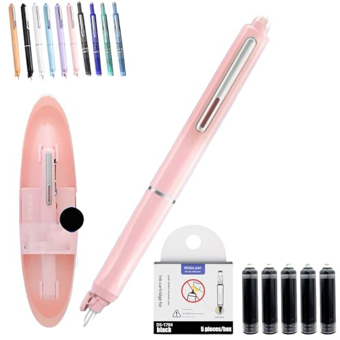 Qosneoun Retractable Fountain Pen, Refillable Fountain Pen, 0.38mm Blue&Black Ink Transparent Barrel Includes 5 Refillable Ink Cartridges for Smooth Writing No Leaking (Pink, Non-erasable black)