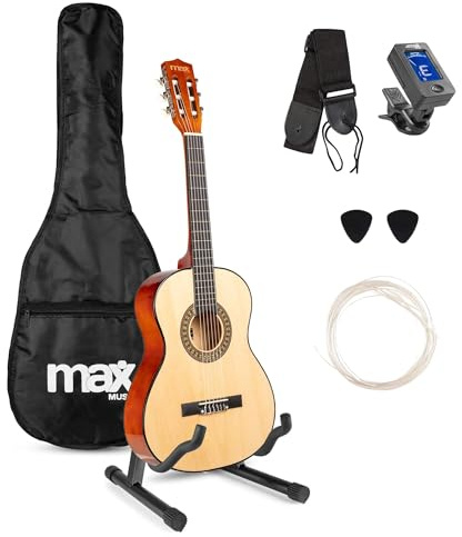 MAX SoloArt - Gitarre 3/4 Kindergitarre ab 6 Jahre, Junior Akustik Gitarre inkl. Gitarrenständer, Tasche, Plektrum, Gurt und Saiten-Zubehör, 3/4 Guitar Kinder ab 6 Jahren in Holz Ahorn