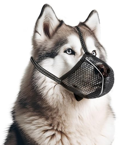 Dog Muzzle for Medium Large Dogs Soft Mesh Dog Muzzle for Scavenging Eating Biting Licking Chewing Breathable Mouth Guard Cover with Reflective Adjustable Loop Buckle Pet Training Mask Black