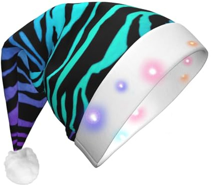 ssmbnvv Weihnachtsmütze mit 3 Blitzmodi, lila, blau, grün, Camouflage, Zebrastreifen, Weihnachtsmannmütze, Plüsch, festliche Weihnachtsmütze für Partys und Veranstaltungen