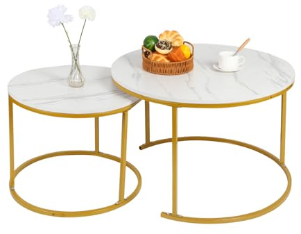 OHMG – Juego de 2 mesas de centro de aspecto mármol, mesa auxiliar para salón, diámetro 70 + 50 cm, mesa nido grande, redonda, aspecto mármol y estructura de acero dorado (blanco+oro-60 x 60 x 45 y 40